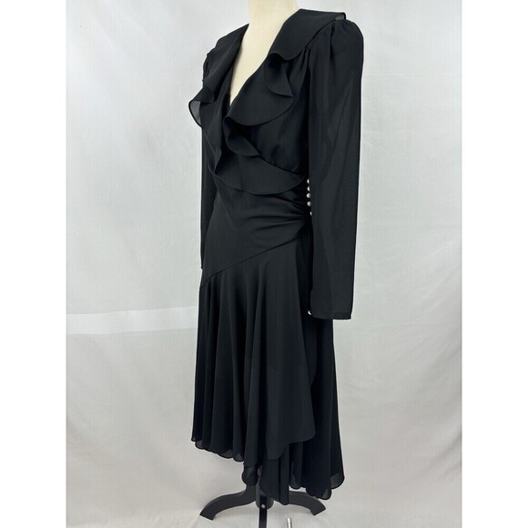 Joy Stevens California Wrap Dress Black 6 Sheer Ruffles Cut Out Long Sleeve - Picture 10 of 10